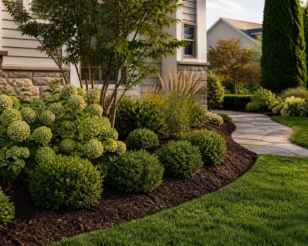 Residential landscape with shrubs, trees, and lawn