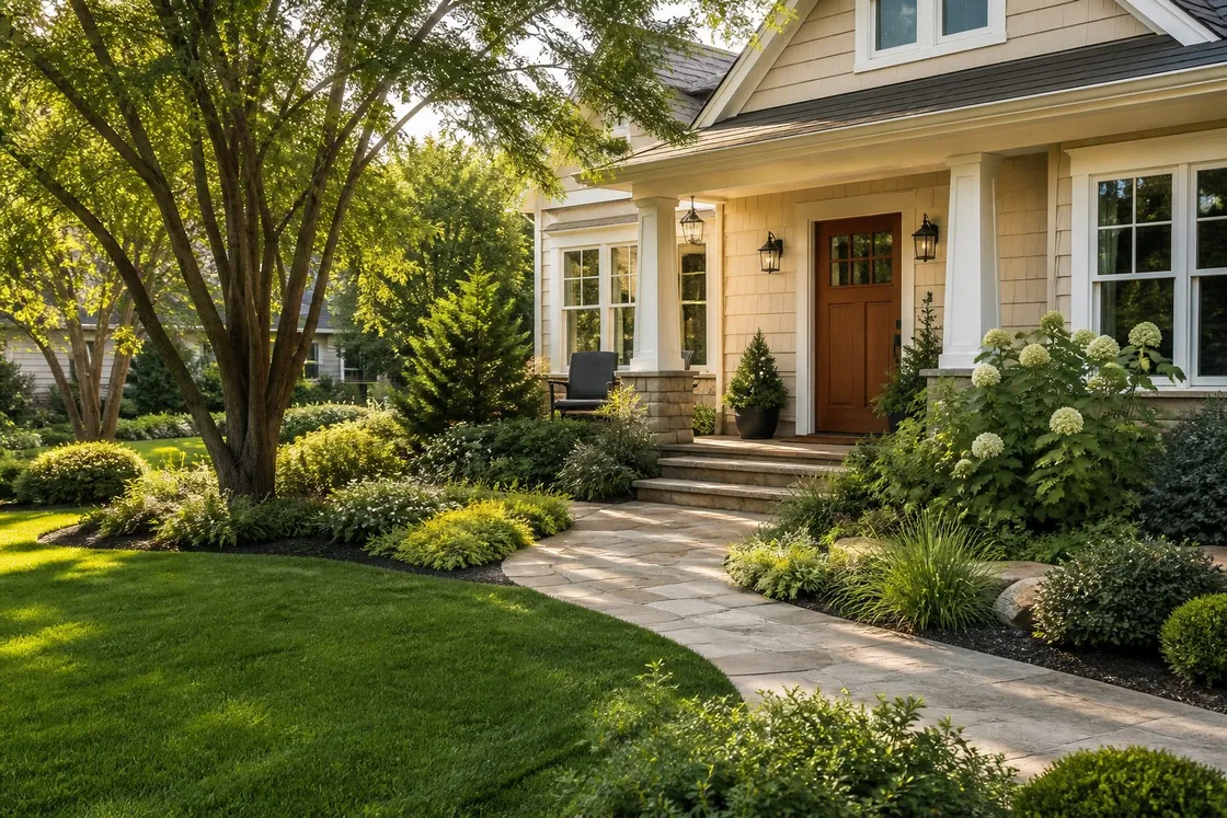 Landscaped residential yard with greenery and a walkway